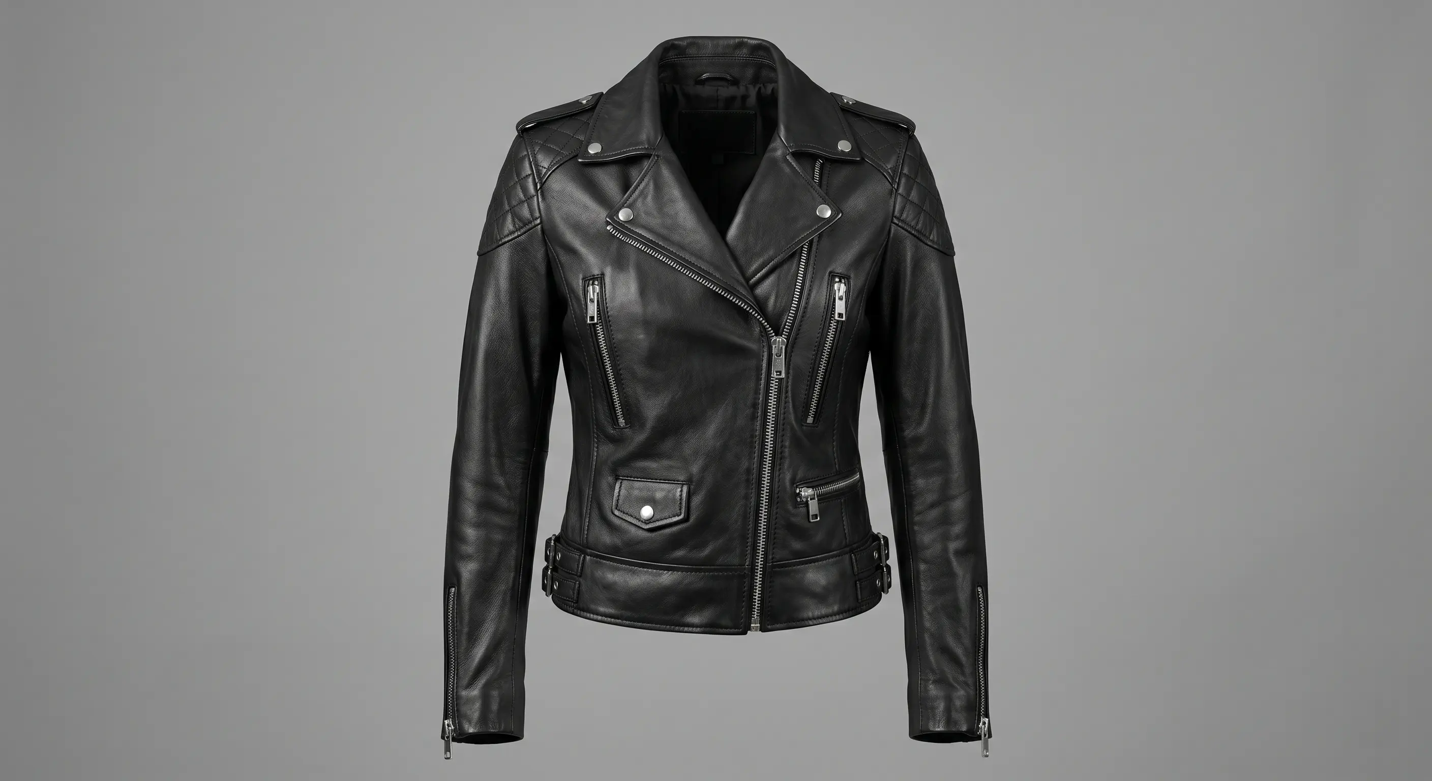 Black leather biker jacket with silver zips and quilted shoulder panels, photographed flat on a grey background