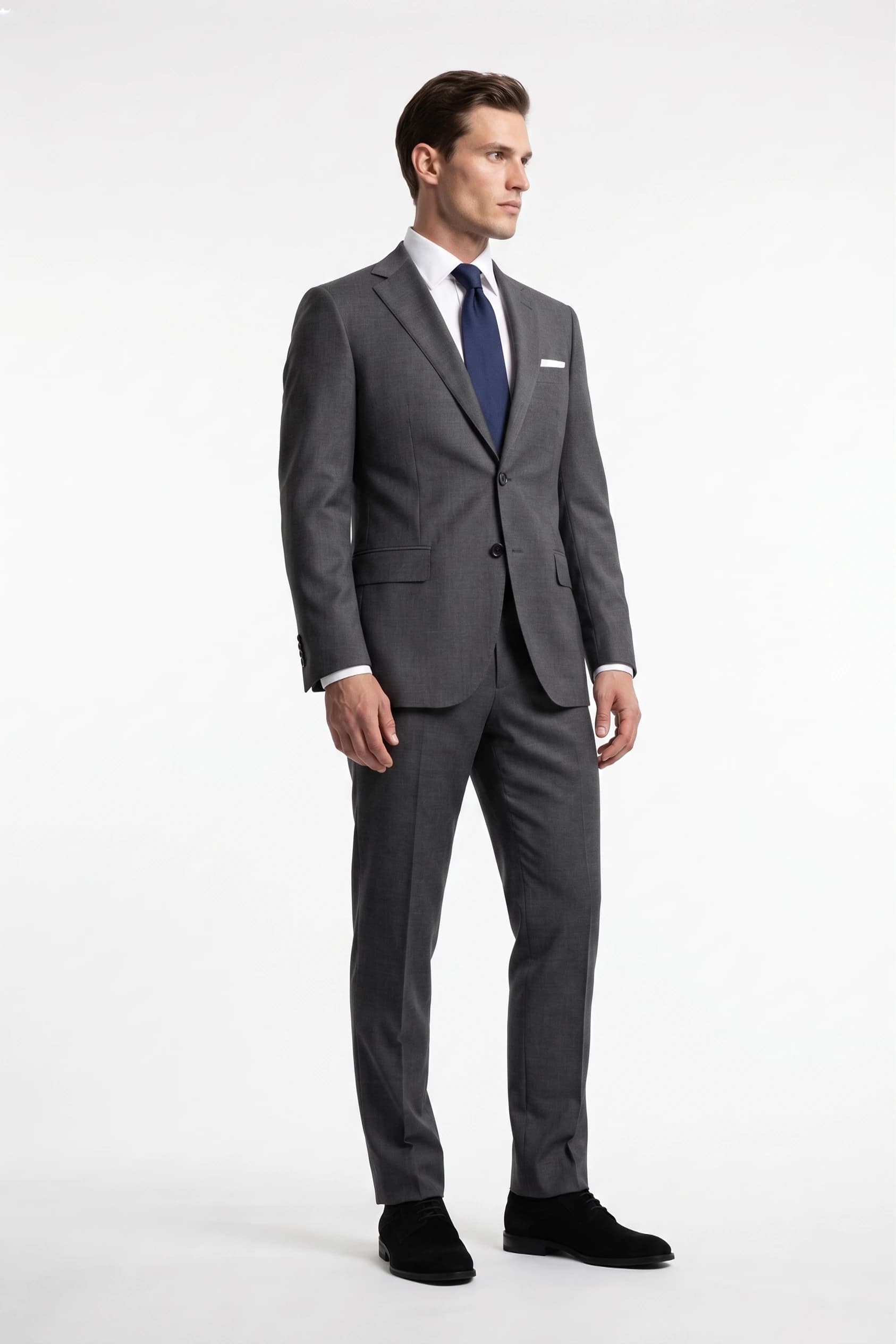 AI on-model result of a tailored charcoal grey suit in a standing pose, generated with Alovia combine outfit