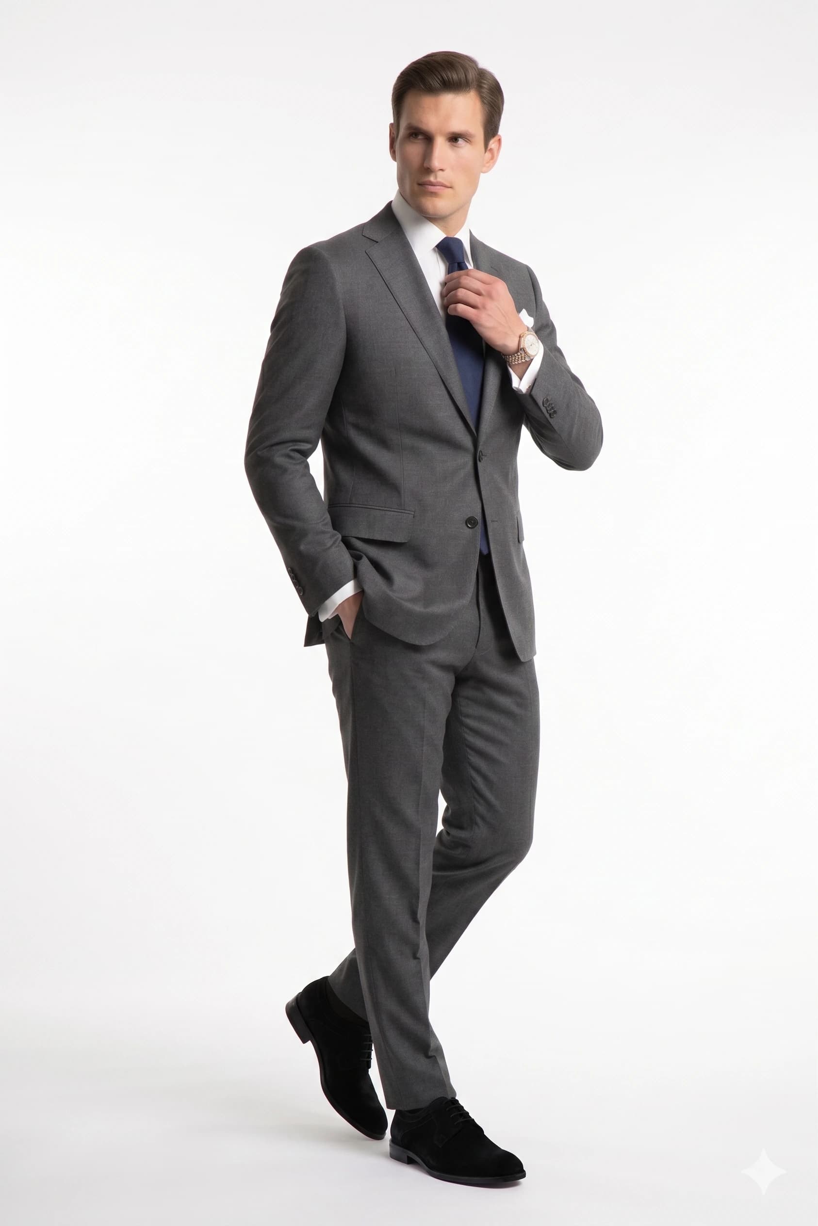 The same AI-styled charcoal grey suit look in a walking pose, generated with Alovia combine outfit