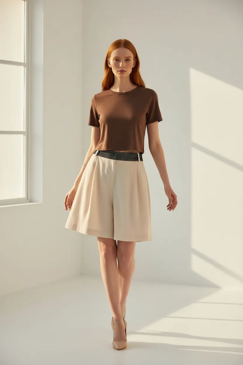 On-model wholesale catalog photo of a brown crew-neck tee and cream shorts for the Oversized Cat-Eye Sunglasses SKU in an Alovia line sheet
