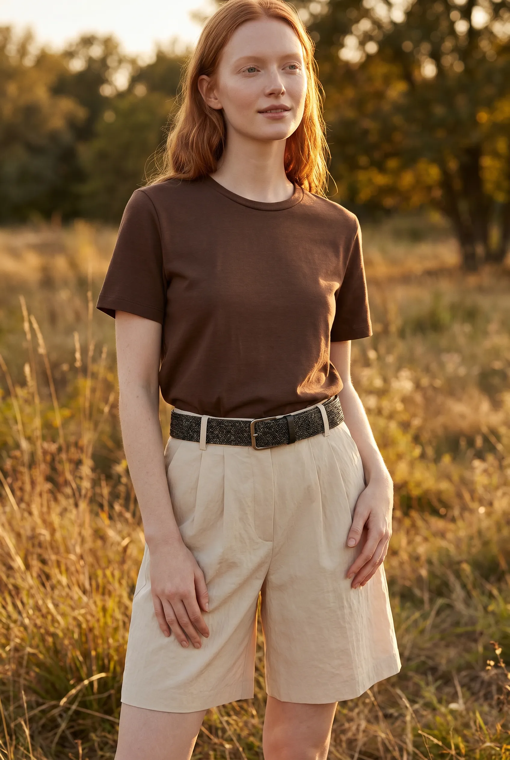 Editorial lookbook page: a brown crew-neck tee and cream pleated shorts look in a sunlit field, generated with Alovia