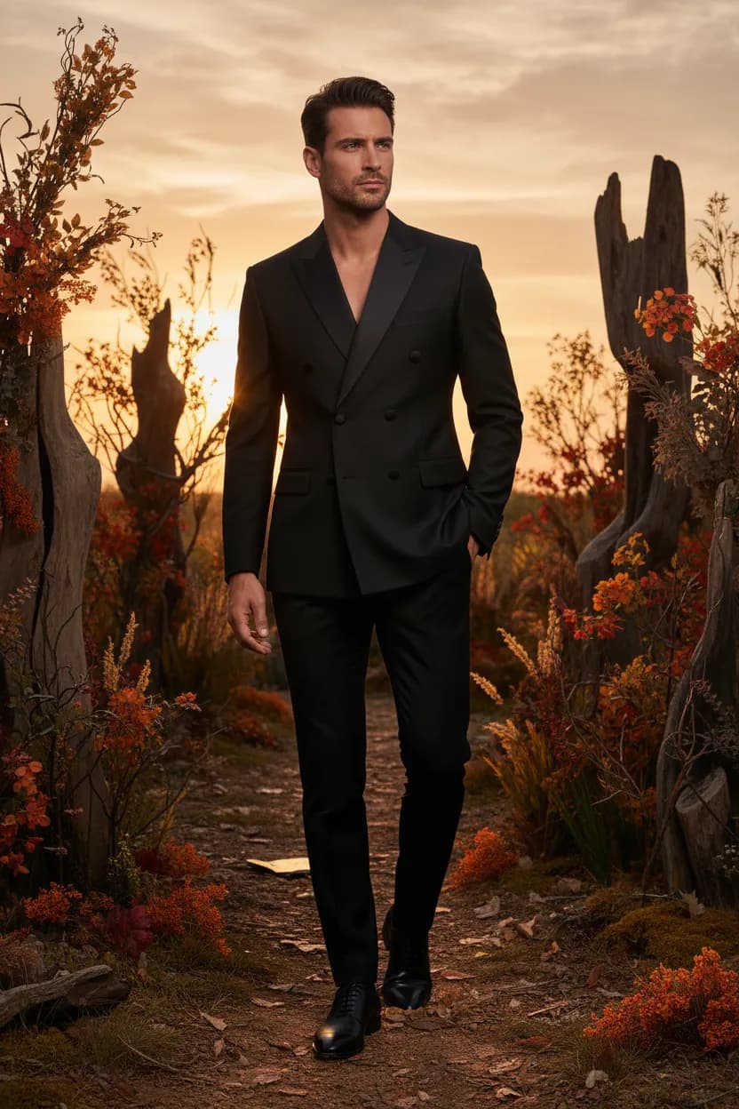 Editorial lookbook page: a black double-breasted tuxedo suit look at desert sunset, generated with Alovia
