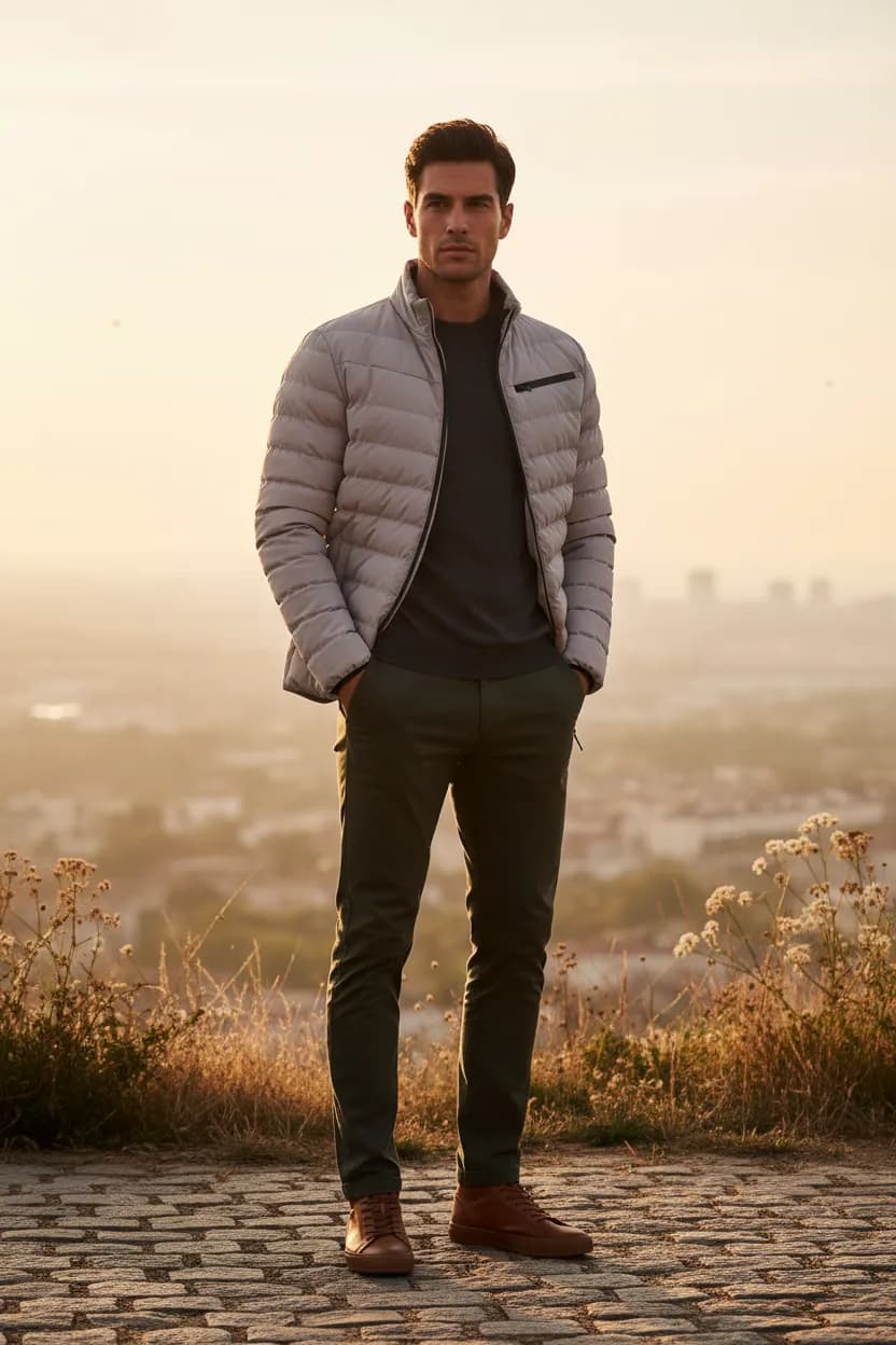 Editorial lookbook page: a grey quilted puffer jacket look over a city overlook at dusk, generated with Alovia