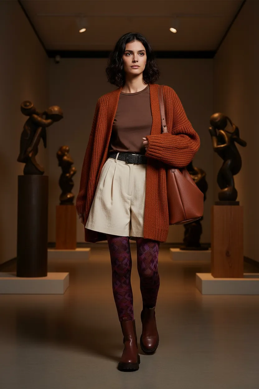 Editorial lookbook page: a rust cardigan and patterned tights look in an art gallery, generated with Alovia