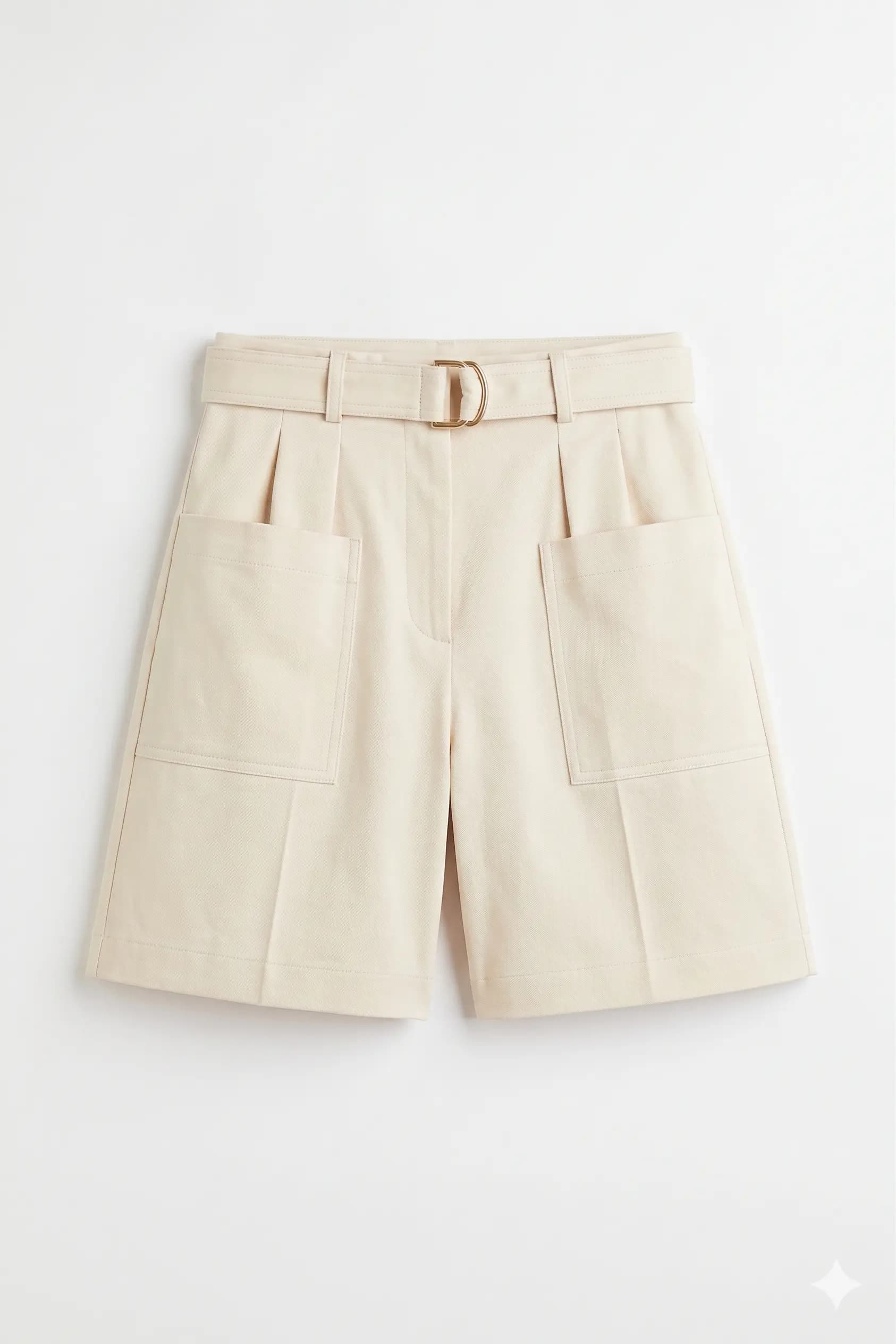 Beige belted high-waist tailored shorts, an outfit component for Alovia AI virtual try-on