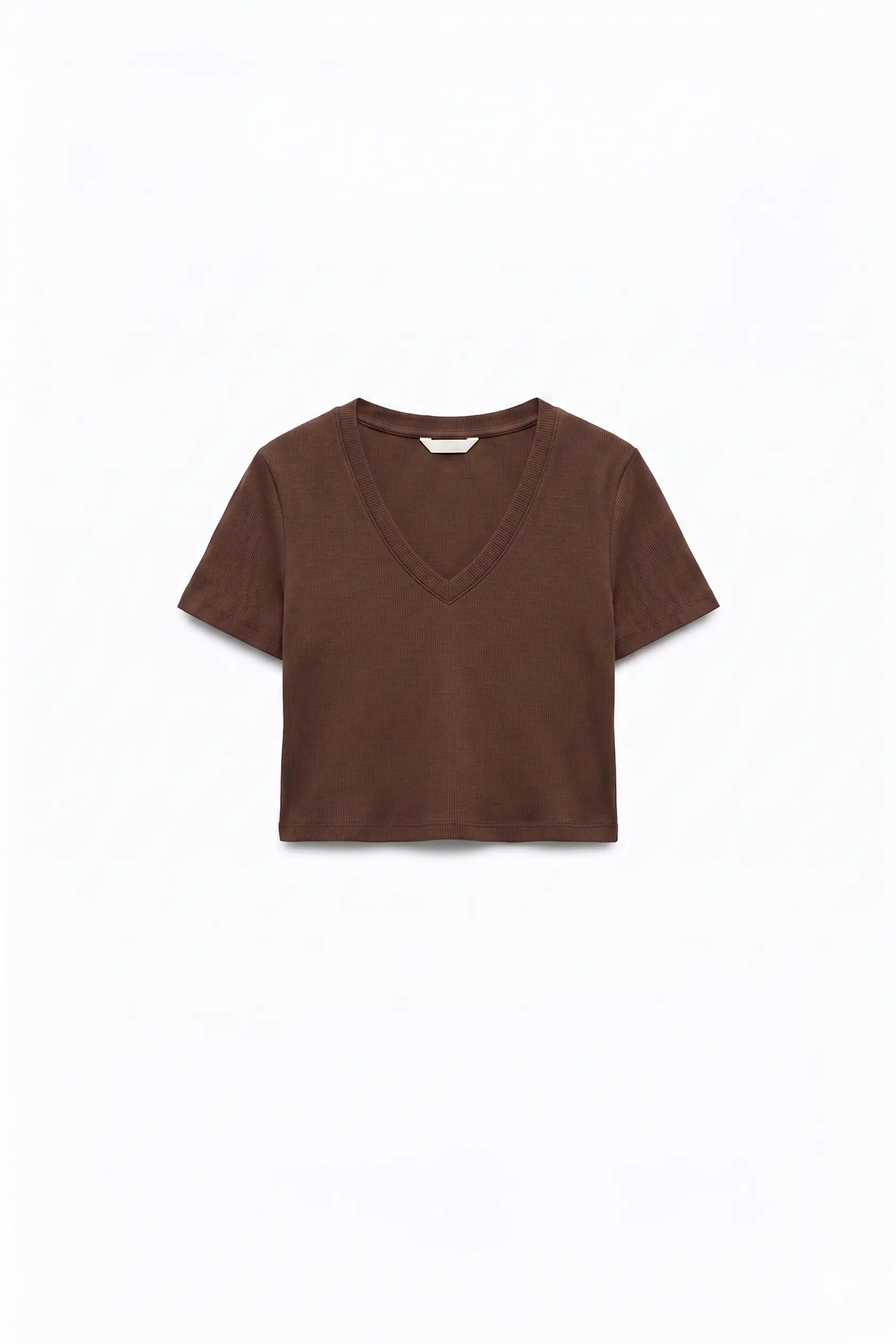 Brown ribbed V-neck t-shirt flat-lay, an outfit component for Alovia AI virtual try-on