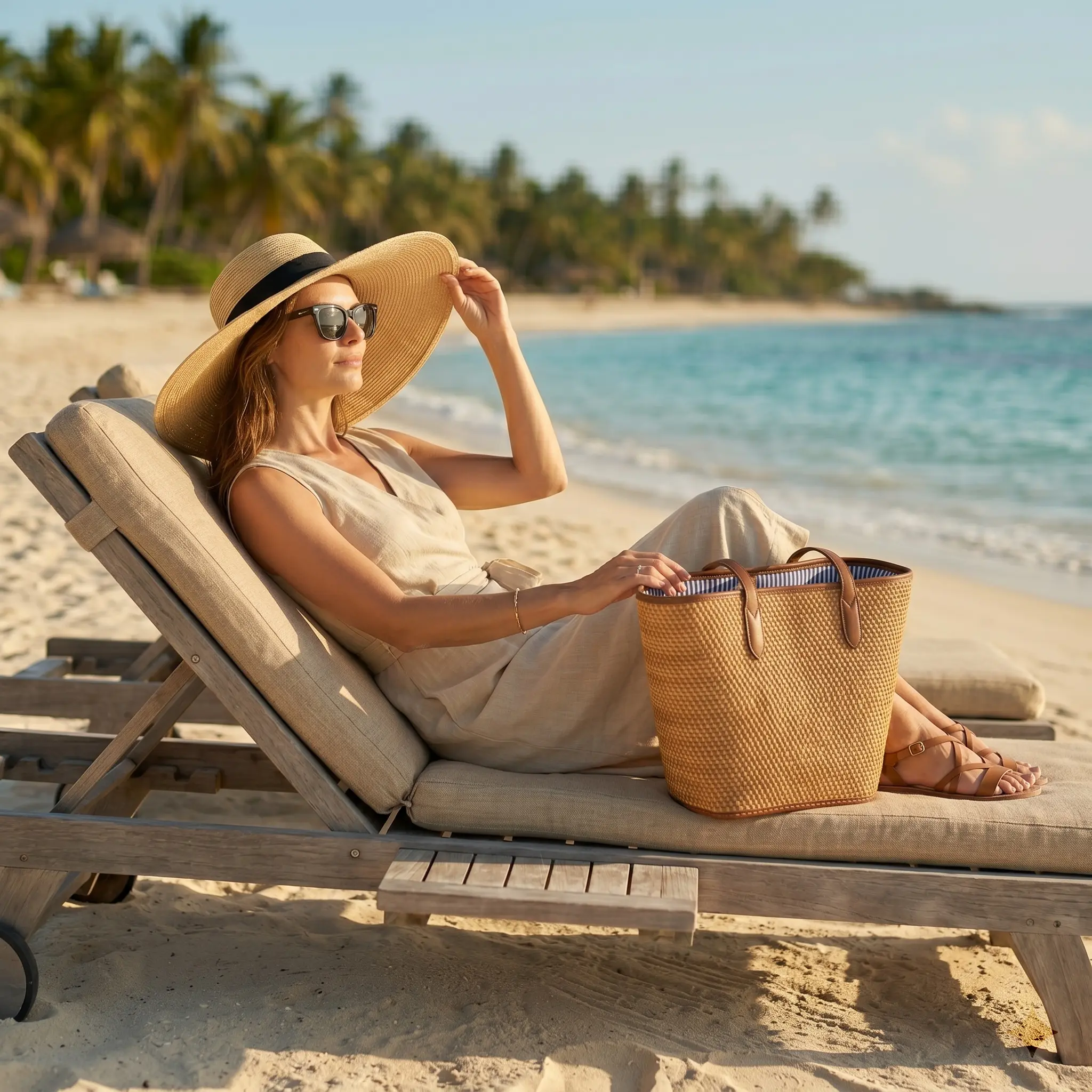 Photorealistic AI fashion model generated by Alovia on a Santorini beach, demonstrating fabric-consistent drape and summer collection detailing.