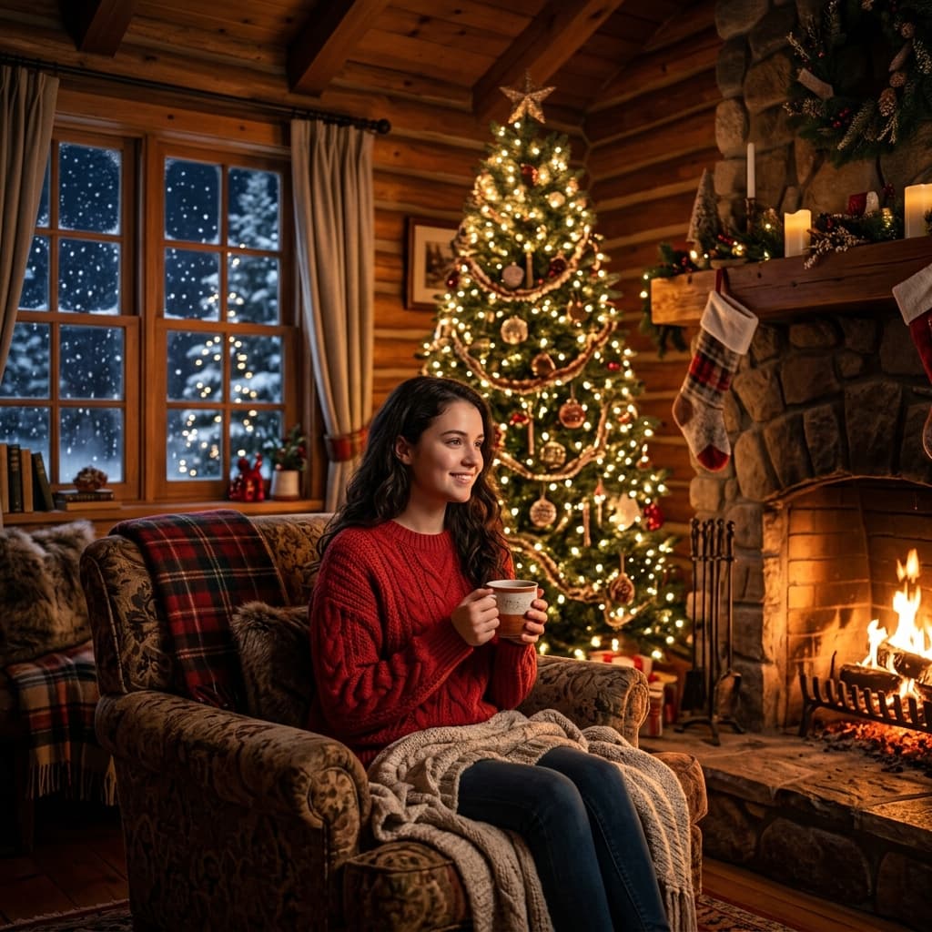 AI fashion model generated by Alovia inside a cozy winter cabin with festive holiday lighting, showcasing seasonal knitwear and styling.