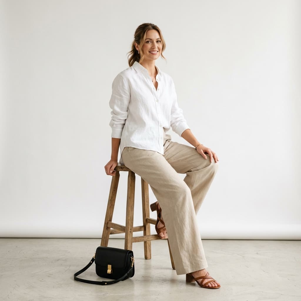 Emma sitting on a high wooden studio stool, styled with casual linen garments.