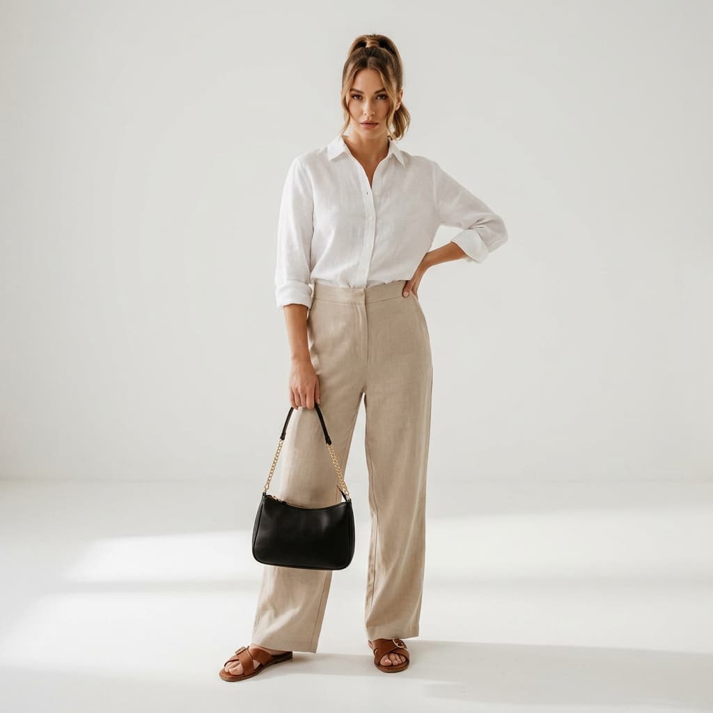 Emma wearing a white linen button-up shirt cleanly tucked into high-waisted beige wide-leg trousers, completed with brown leather sandals.