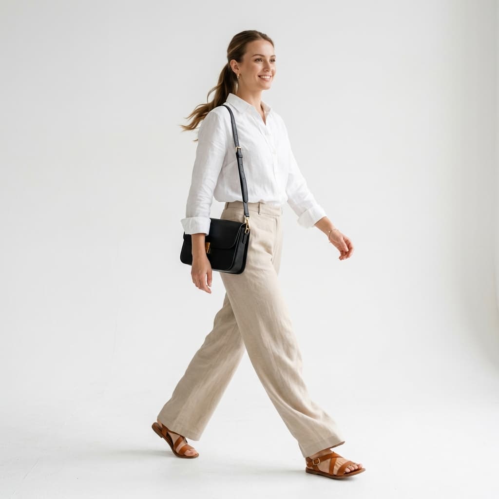 Emma captured in a dynamic walking pose wearing layered white linen shirt and beige wide-leg trousers.