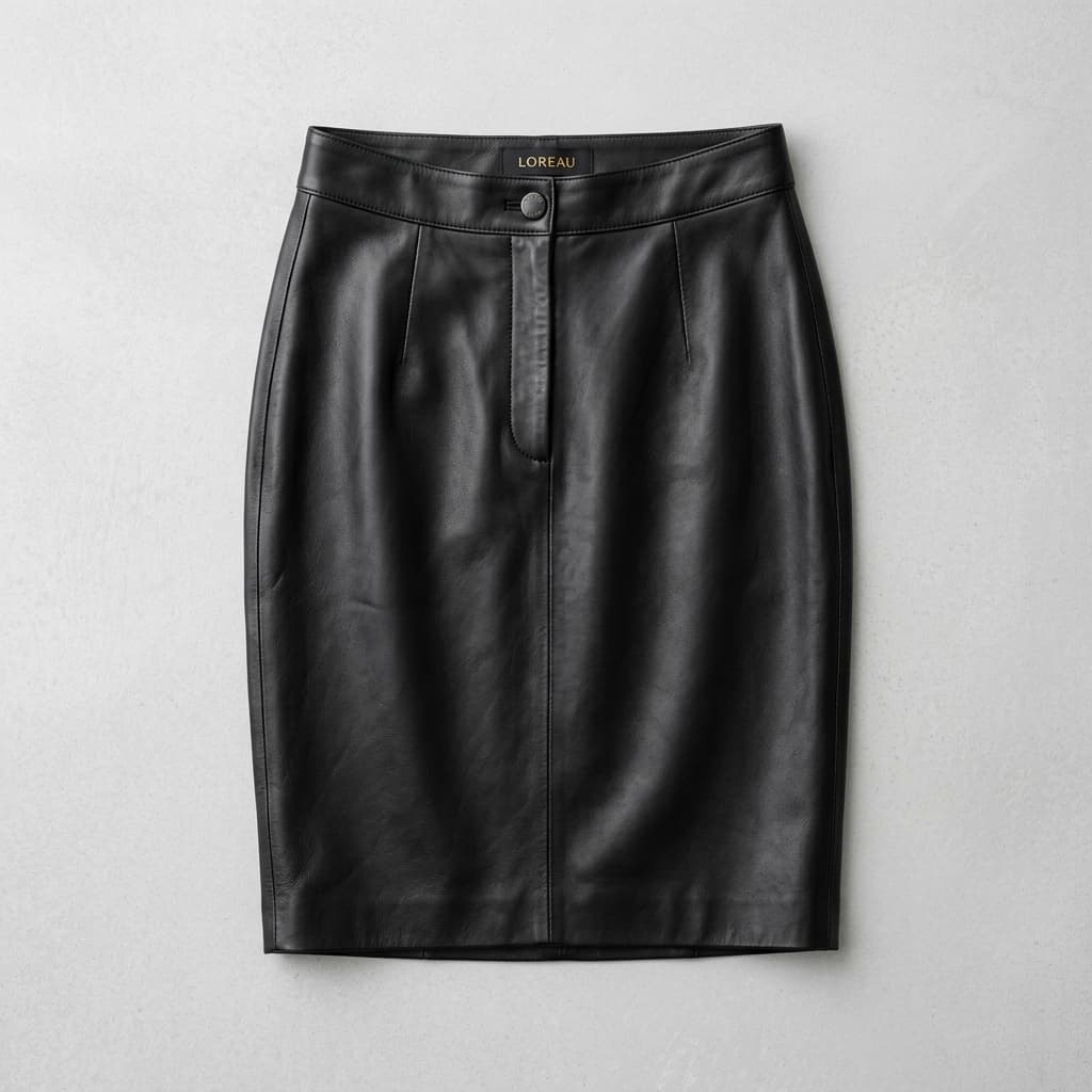 Black leather pencil skirt with a branded waistband tag, laid flat on a pale grey surface