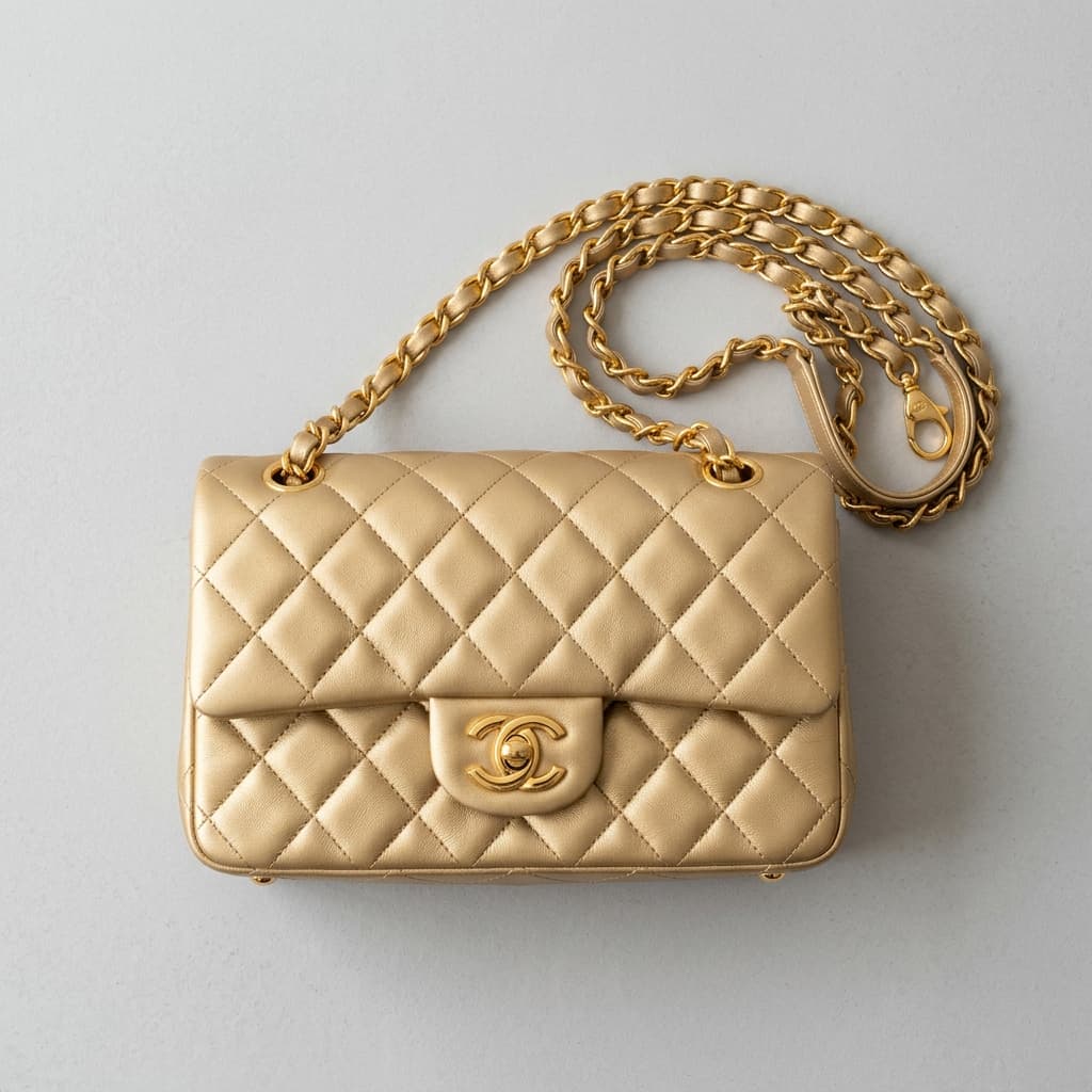 Gold quilted leather flap handbag with a gold chain strap, photographed on a pale grey surface