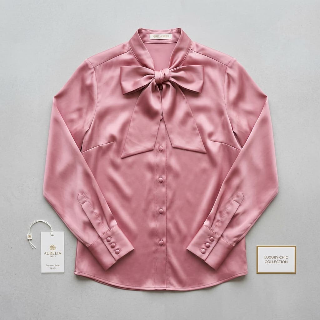 Pink satin tie-neck blouse laid flat on a pale grey surface with its hang tag beside it