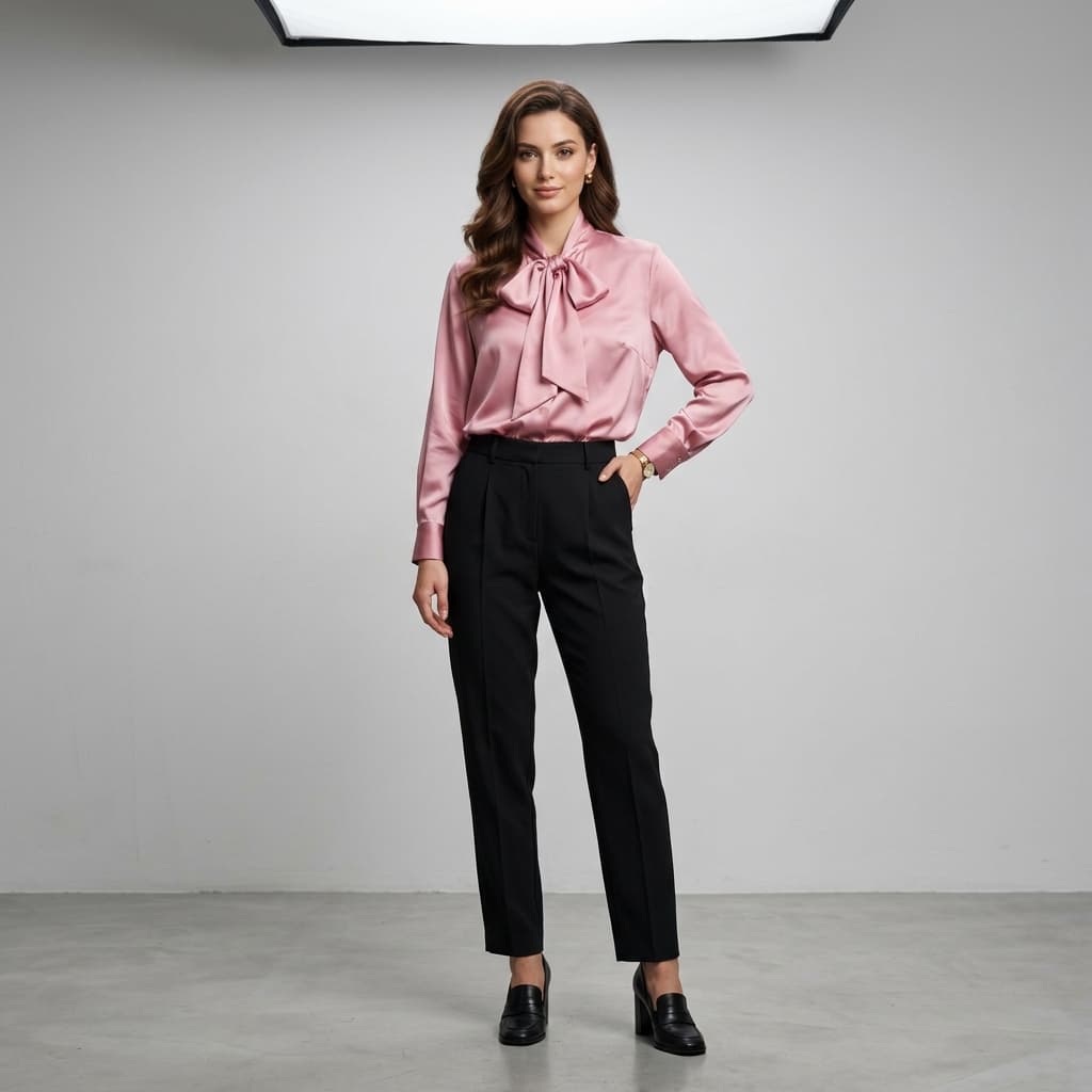 The same pink satin tie-neck blouse worn by an AI-generated model in a studio, styled with black trousers and loafers