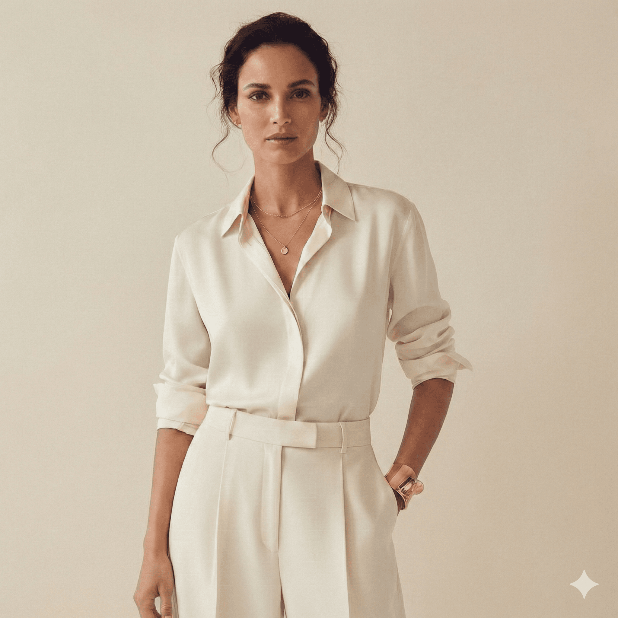 Alovia AI video generation source input: high-fidelity studio catalog photograph of a female model wearing a premium beige knitwear knit cardigan and skirt set, clean studio lighting, realistic fabric texture