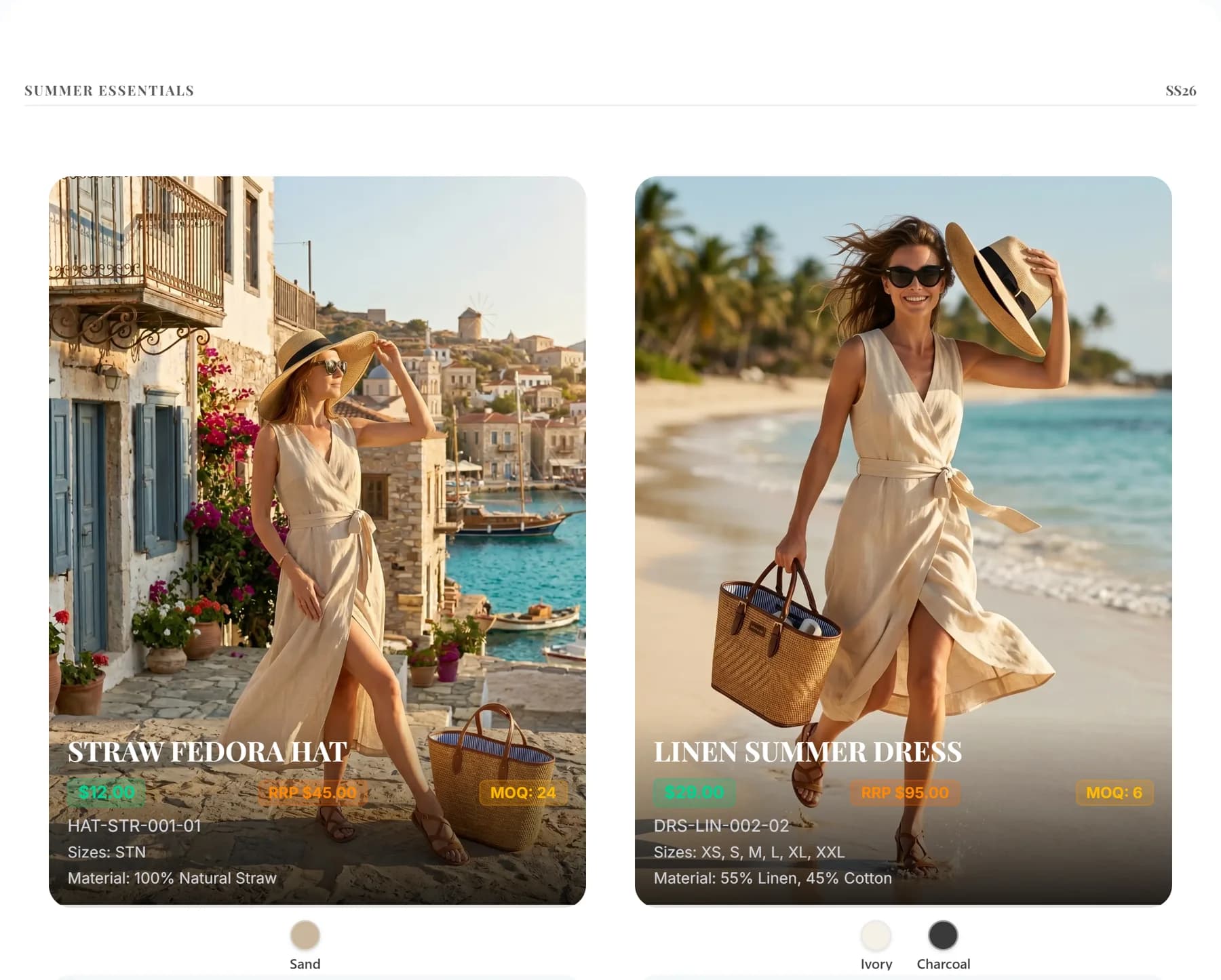 A line-sheet page headed "Summer Essentials / SS26" with two product cards. Each carries a wholesale price, an RRP, an MOQ badge — 24 units for the straw fedora, 6 for the linen dress — plus SKU, size run and material, with colourway swatches beneath.