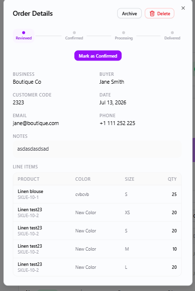 Management dashboard for approving and updating wholesale order status